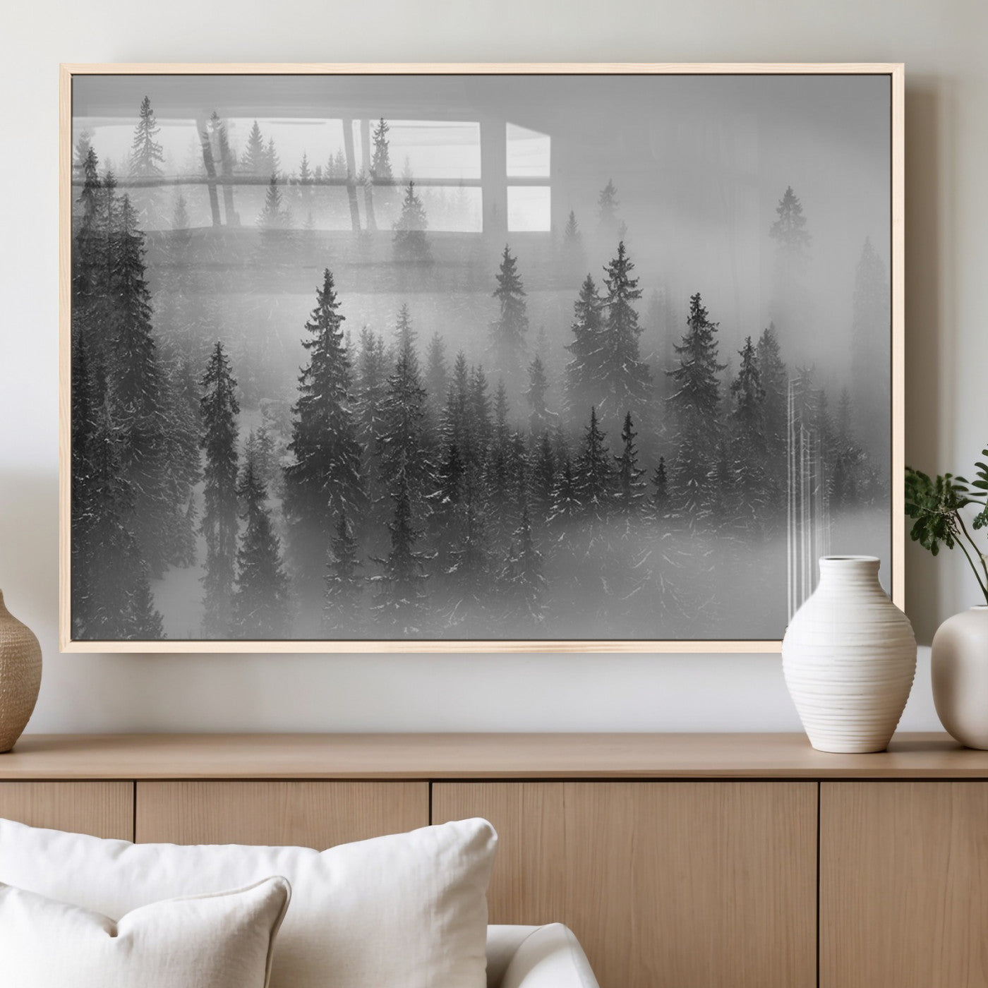 MGV-FP-36X24-3P - Black and White Forest Wall Art Print – Misty Pine Tree Canvas Print – Winter Woodland Nature Artwork – Perfect for Minimalist Home Decor