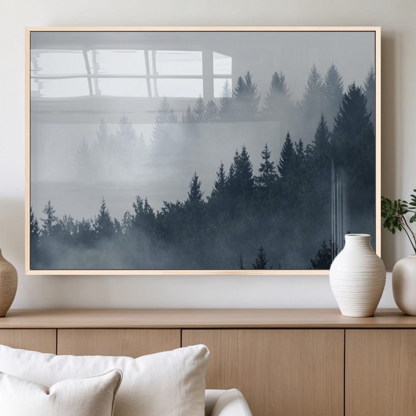 MGV-FP-36X24-3P - Misty Forest Wall Art Print – Foggy Pine Tree Canvas Print – Dark Woodland Nature Artwork – Perfect for Minimalist and Modern Home Decor