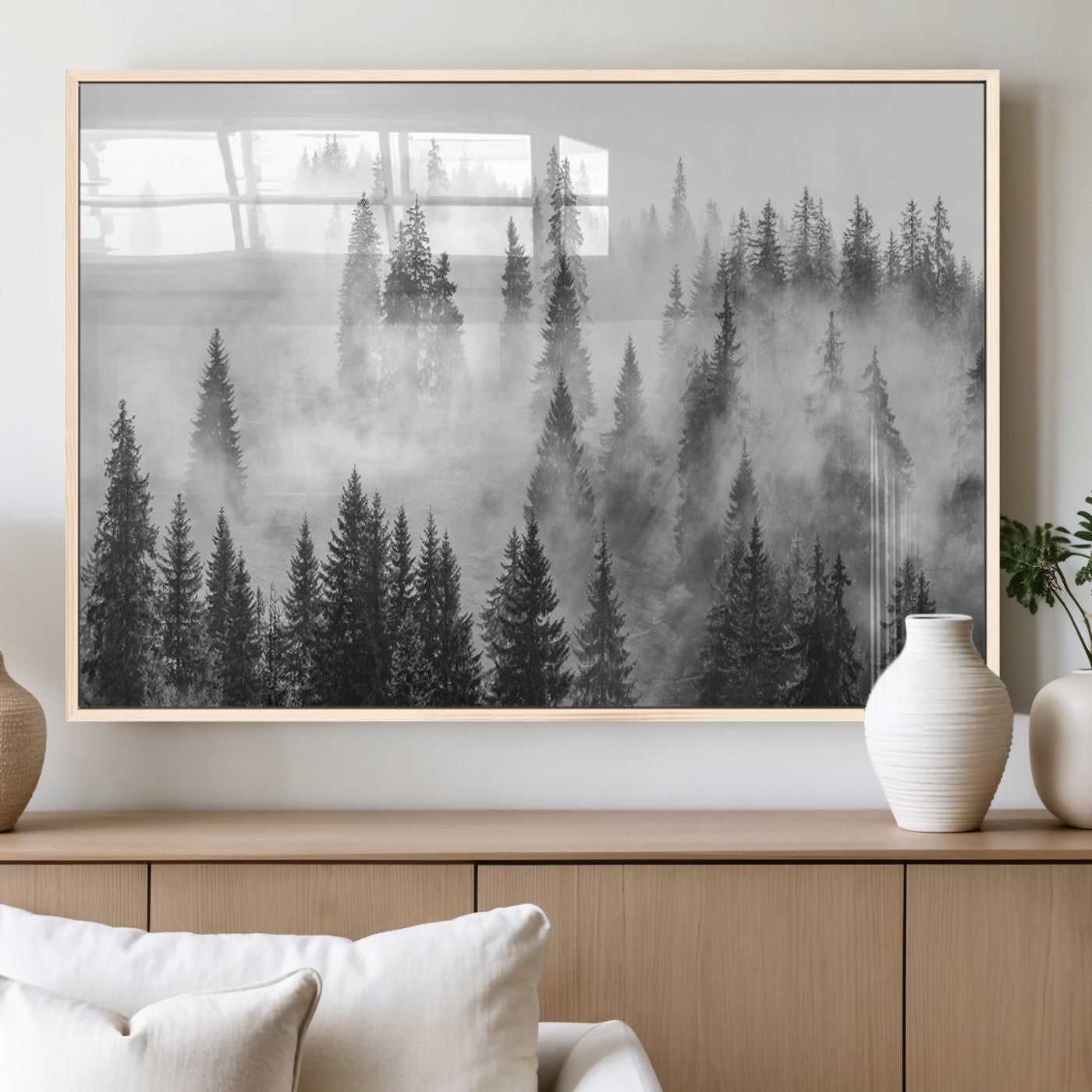 MGV-FP-36X24-3P - Forest Wall Art Print | Foggy Pine Forest Canvas Wall Art - Black and White Nature-Inspired Decor for Living Room, Modern Forest Landscape Print, Ready to Hang