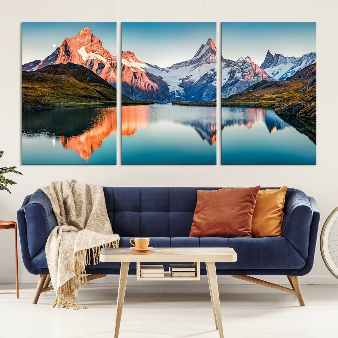 The living room features the Landscape Mountain and Lake View Wall Art Canvas Print. This triptych is expertly handmade in the USA on museum-quality canvas and includes a UV-protective coating to ensure lasting beauty.