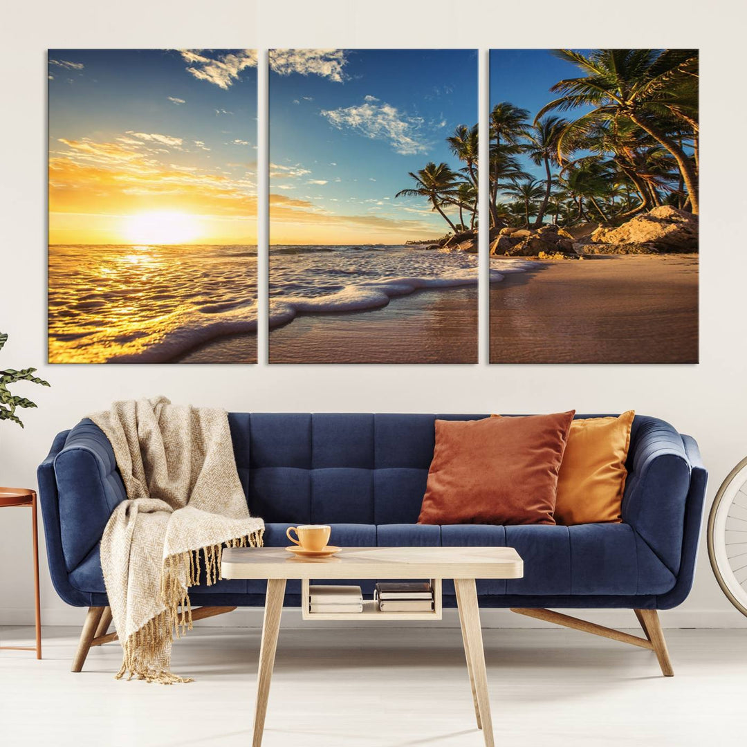 The wall features a Sunset Ocean View Beach Canvas Print, showcasing museum-quality craftsmanship by professional artisans.