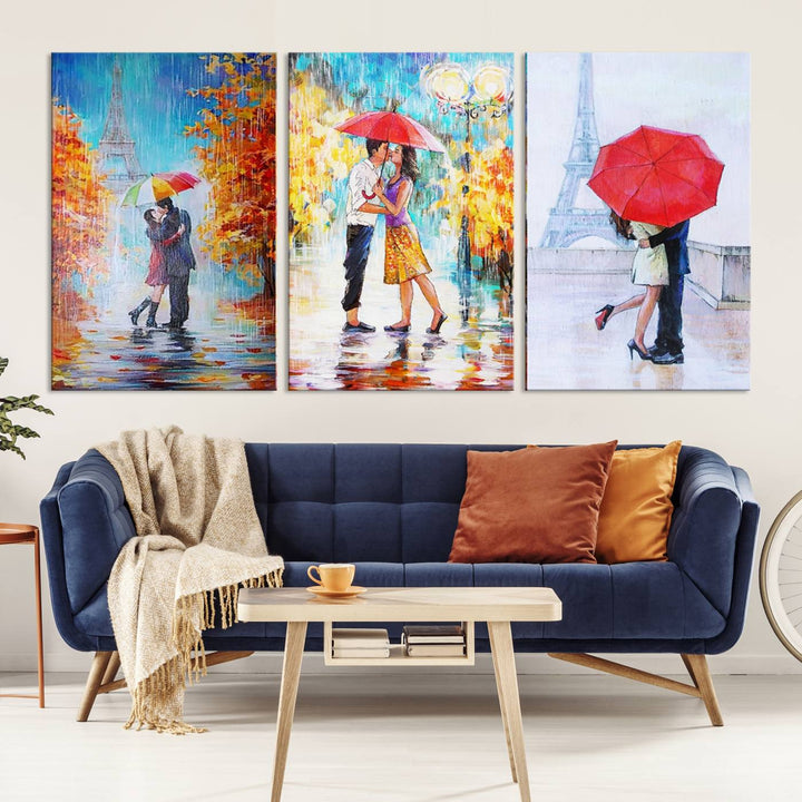 A triptych of the "Love in Paris Wall Art Canvas Print" showcases a couple with an umbrella in romantic settings. This artwork is crafted on museum-quality canvas and features a UV-protective coating for peace of mind. It also comes with the added convenience of free shipping.