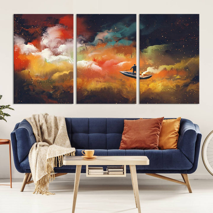 The "Surreal Space Adventure Canvas Wall Art" is a dreamlike abstract galaxy print with an astronaut among clouds, inviting you on a space adventure. This stunning piece comes framed and ready to hang, making it perfect for enhancing living room or bedroom decor.