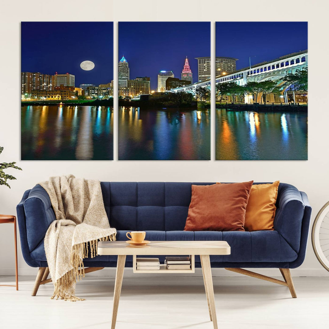 Cleveland City Lights Night Skyline, a stunning triptych wall art cityscape canvas print with museum-quality UV-protective coating, is beautifully showcased.