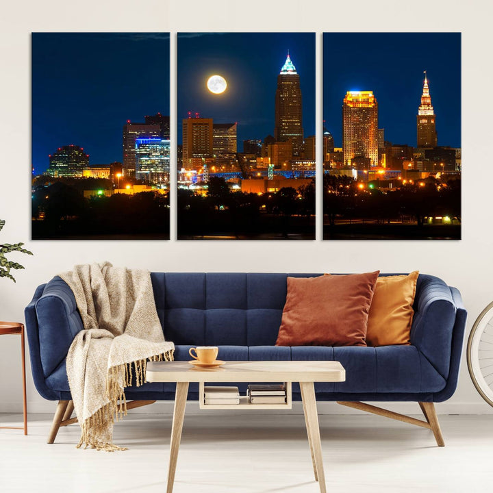 The "Cleveland Night Skyline Wall Art City Cityscape Canvas Print" adds elegance to the room with its depiction of a city skyline and full moon on museum-quality canvas. The artwork is enhanced by a UV-protective coating to ensure lasting brilliance.