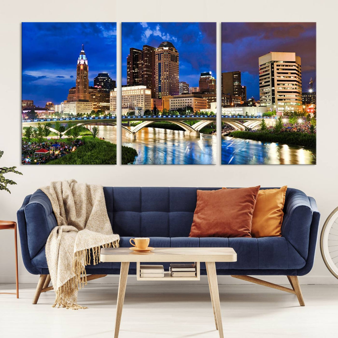 The Columbus City Lights Night Bright Blue Cloudy Skyline Cityscape View Wall Art Canvas Print, crafted on museum-quality canvas and finished with a UV-protective coating, adorns the wall.