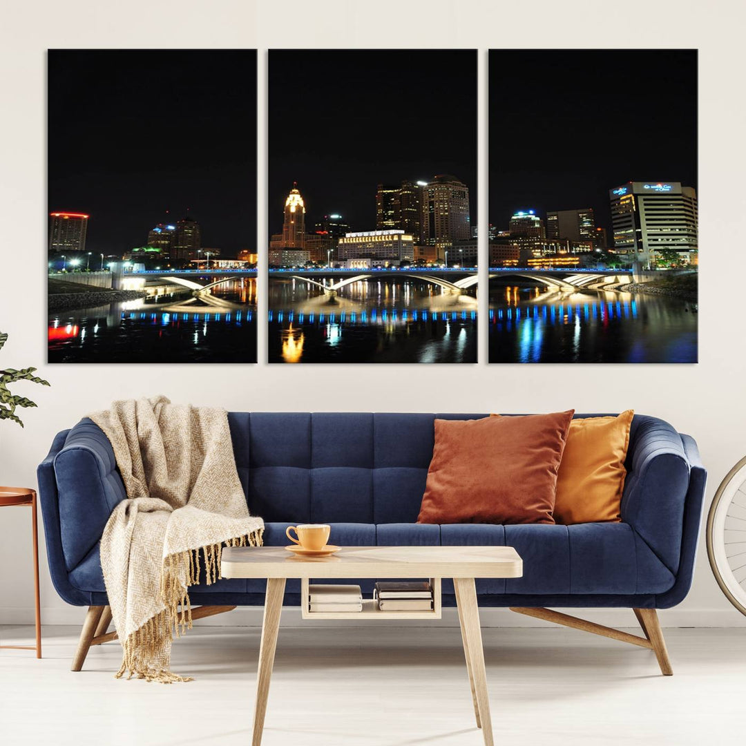 The "Columbus City Lights Night Skyline Cityscape View Wall Art Canvas Print" elegantly decorates the area, presented on museum-quality canvases that feature UV-protective coating to maintain their vibrant appearance.