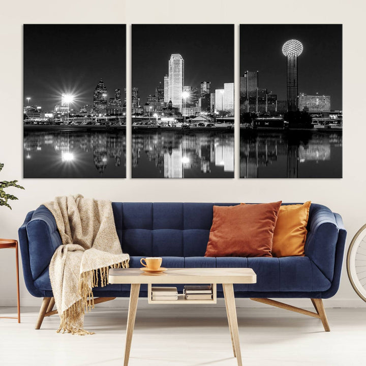 The living room showcases the Dallas City Lights Skyline Black and White Wall Art Cityscape Canvas Print. This museum-quality artwork is ready to hang and features a UV-protective coating to maintain its vibrant colors.