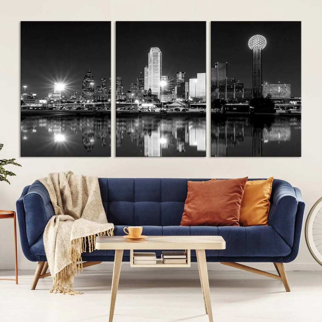 The Dallas City Lights Skyline Black and White Wall Art Cityscape Canvas Print is a striking addition to any space. These museum-quality canvases feature a UV-protective coating to maintain their beauty over time. Enjoy the convenience of free shipping when you choose this elegant piece for your home.