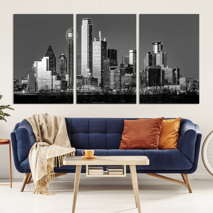 The Dallas City Skyline Black and White Wall Art Cityscape Canvas Print features a gallery-wrapped, museum-quality finish.