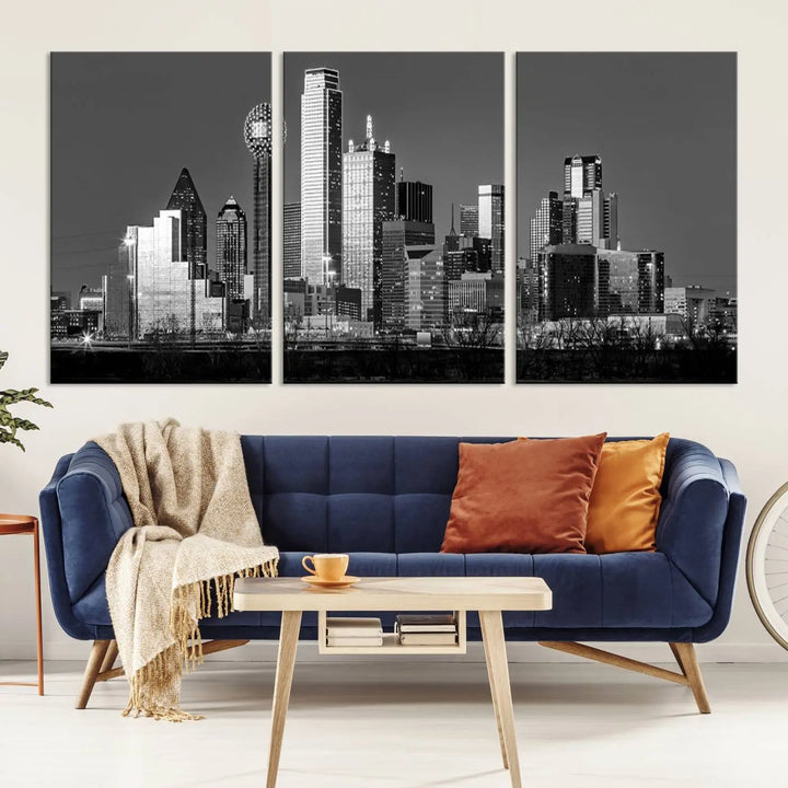 A black and white triptych of the Dallas city skyline is displayed, crafted on museum-quality canvas. This wall art piece is ready to hang, with each component adorned with a UV-protective coating to maintain its captivating appeal.