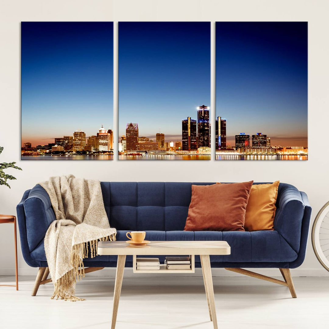 The Detroit City Lights Sunrise Skyline Cityscape View Wall Art Canvas Print adorns the modern living room. Crafted on museum-quality canvas with a UV-protective coating, this piece is ready to hang and elegantly elevates your décor.