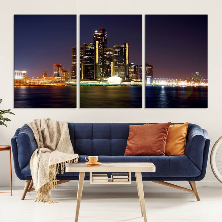 The Detroit City Lights Night Skyline Cityscape View Wall Art Canvas Print, elegantly split into three panels, is made from museum-quality pollycotton and gallery wrapped for a sophisticated touch. It is available with free shipping to effortlessly elevate your space.