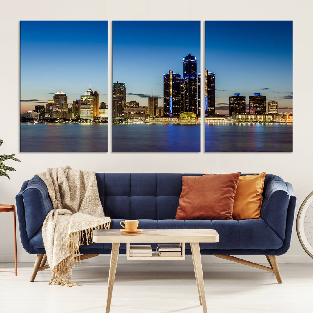 The "Detroit City Lights Sunrise Skyline Cityscape View Wall Art Canvas Print" on the wall is a triptych gallery-wrapped on museum-quality canvas, adding an elegant touch to the space.