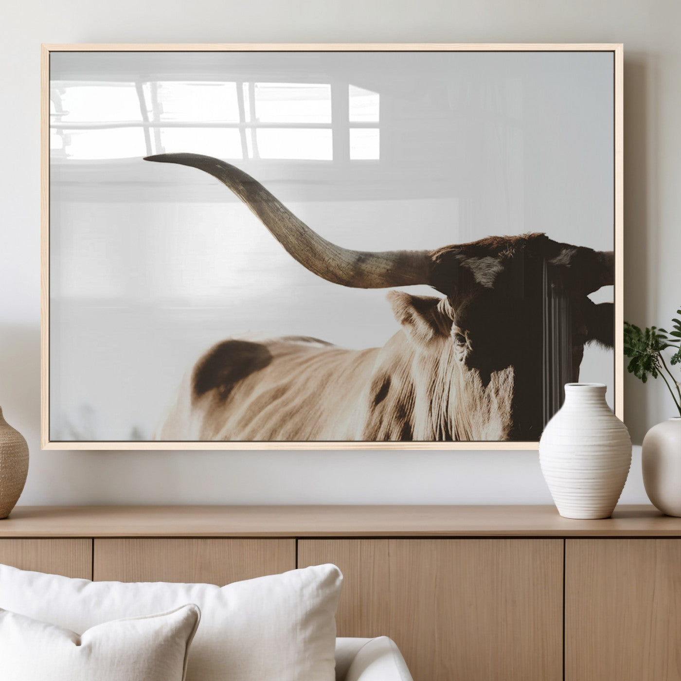 MGV-FP-36X24-3P - Texas Longhorn Wall Art Canvas Print | 3-Panel Large Longhorn Canvas Print for Living Room, Framed