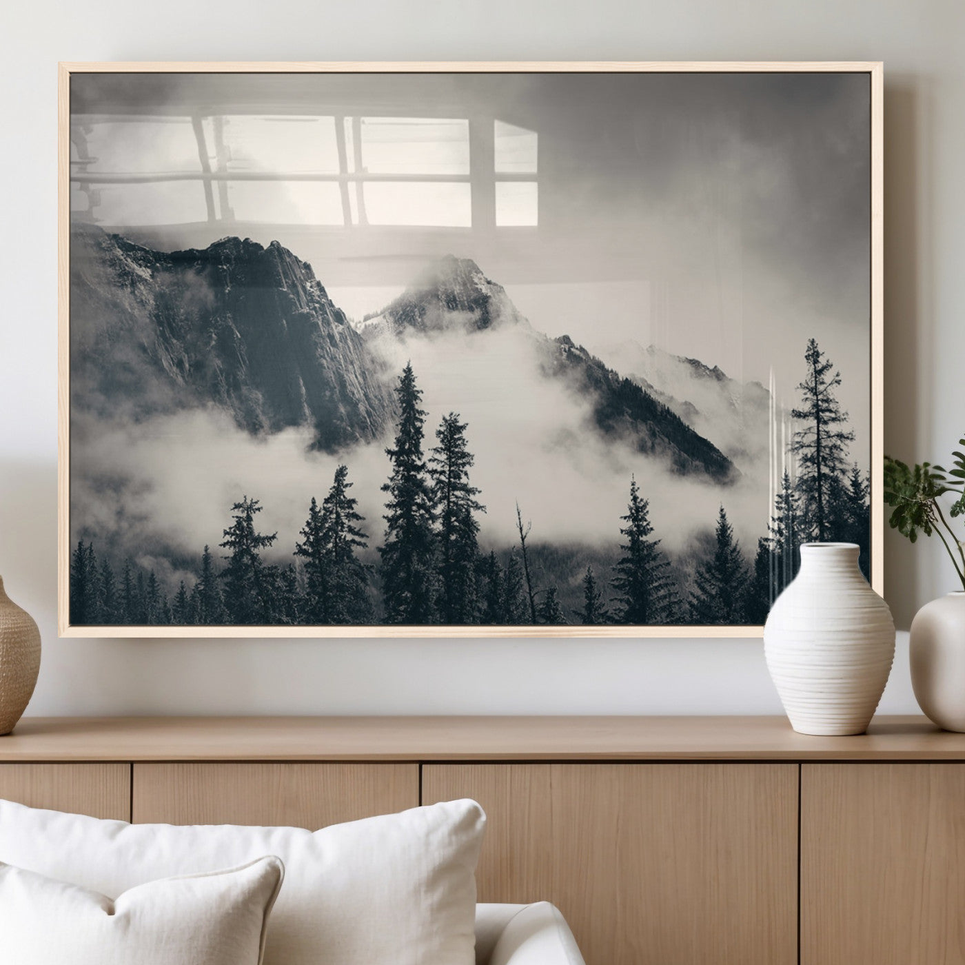 MGV-FP-60X30-3P - Forest Mountain Print - Black and White Canvas Wall Art with Misty Forest Design for Elegant and