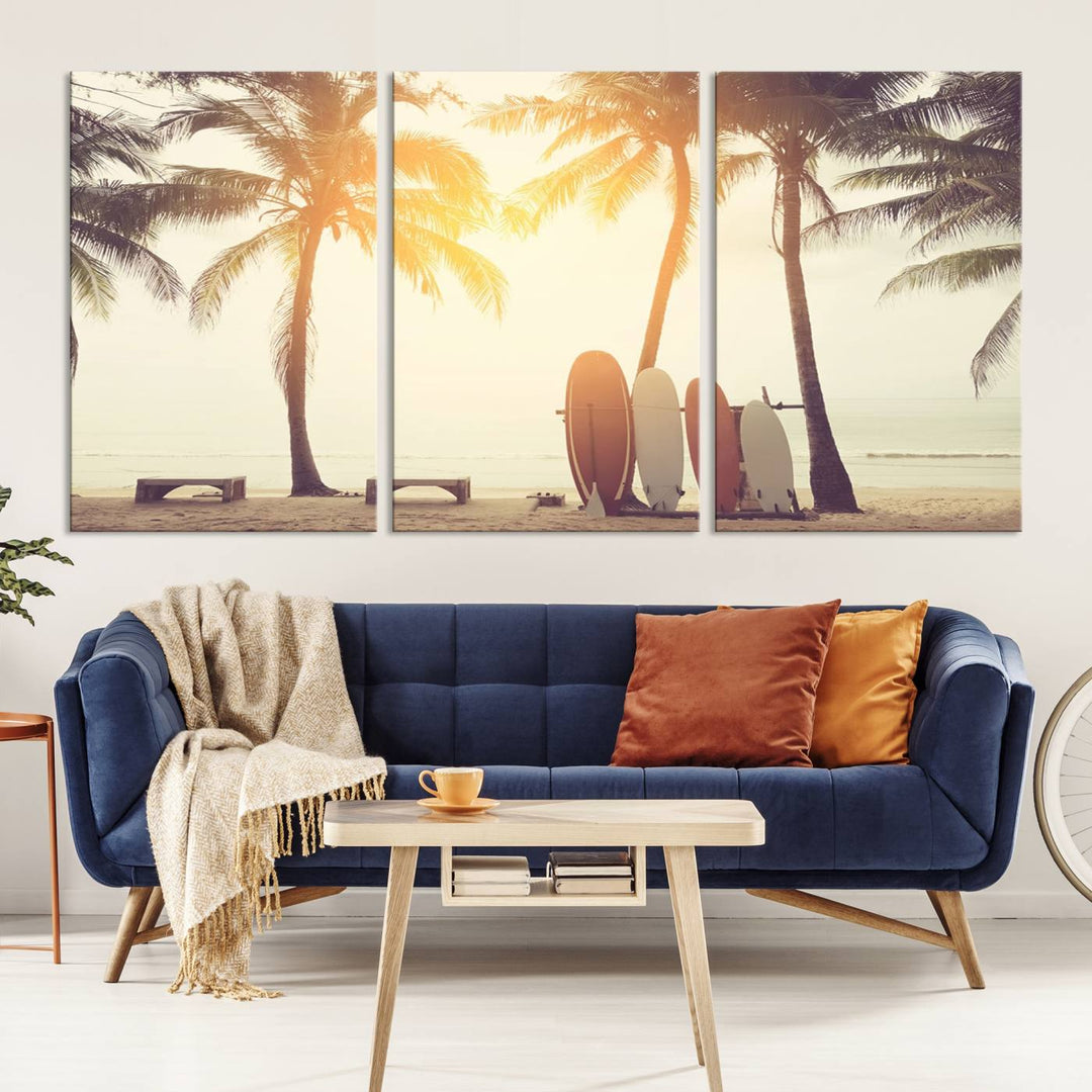 Surfboard and Palm Tree on Beach Double Exposure with Colorful Bokeh Sunset Light Wall Art Canvas