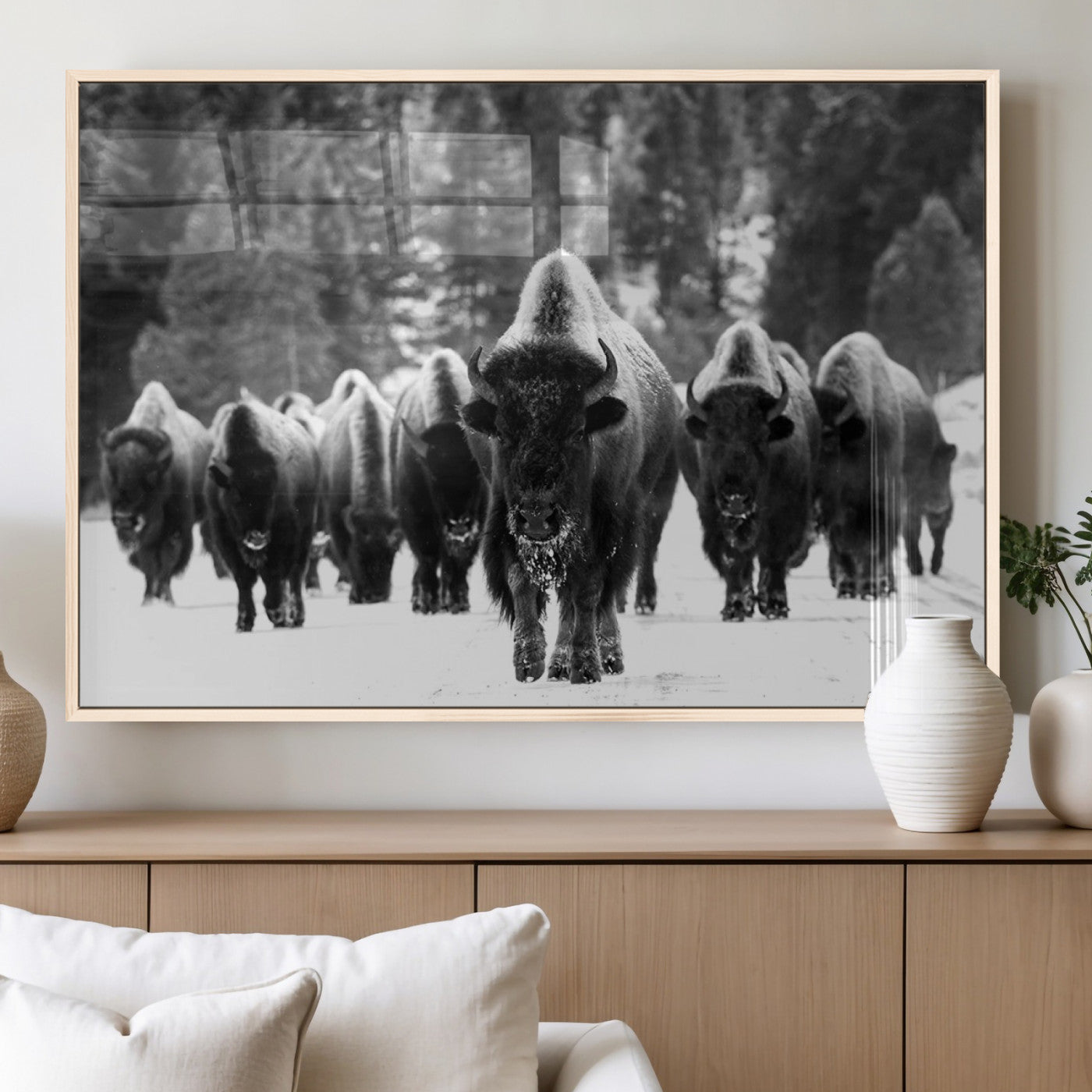 MGV-FP-36X24-3P - Bison Herd in Snow Wall Art Canvas Print | Rustic Western Bison Wall Art for Decor for Living Room,