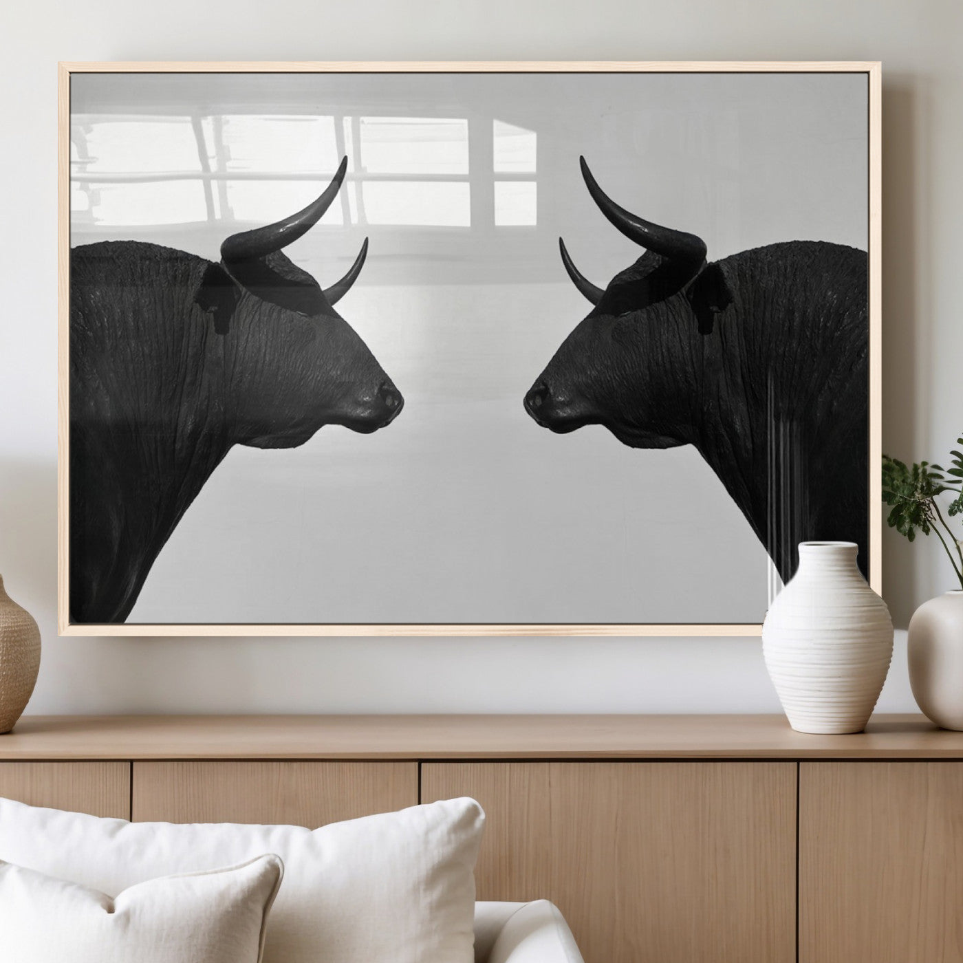 16038-MGV-FP-36X24-3P_Natural-Spanish Bull Art - Framed Black and White Bull Canvas Print for Modern Rustic Home or Office Decor
