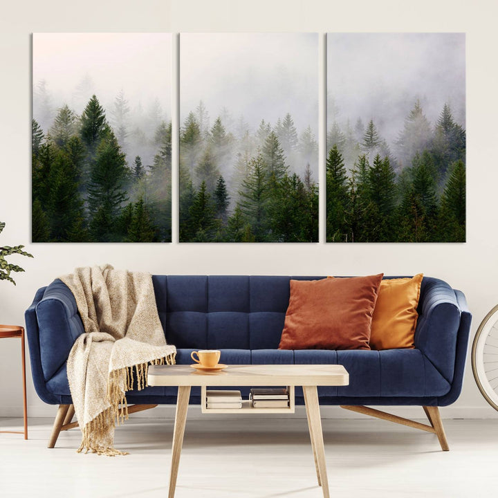 A 3-panel Misty Pine Forest Wall Art Canvas Print, featuring a green woodland scene, adorns the wall.