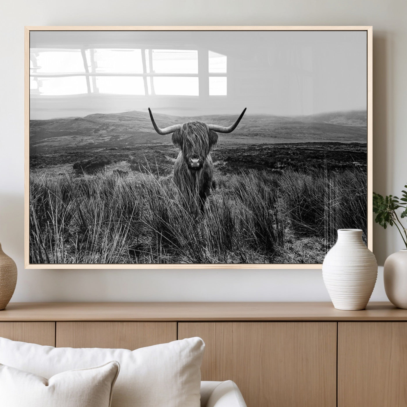 MGV-FP-36X24-3P - Black and White Highland Cow Canvas Wall Art, Longhorn Triptych Western Wall Decor for Cabin -