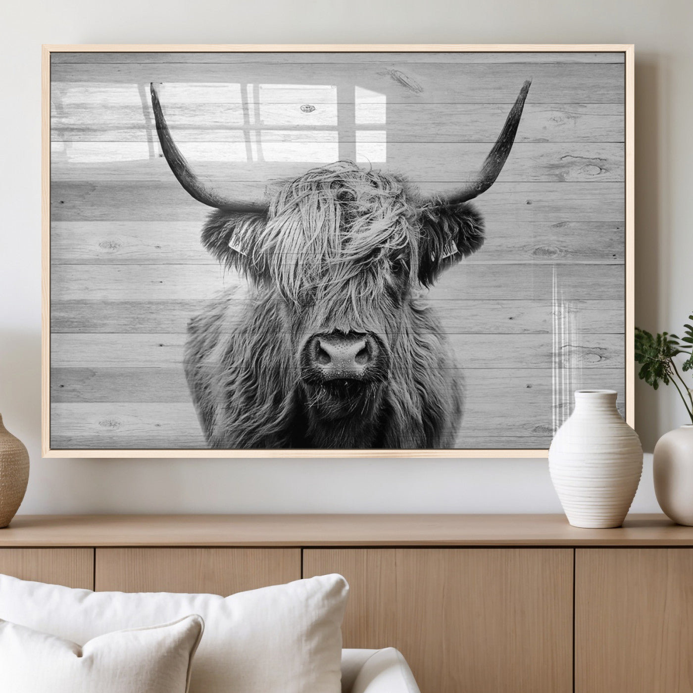 MGV-FP-36X24-3P - Scottish Highland Cow Cattle Art Print on Wood Background Style, Scottish Highland Cow Wall Art