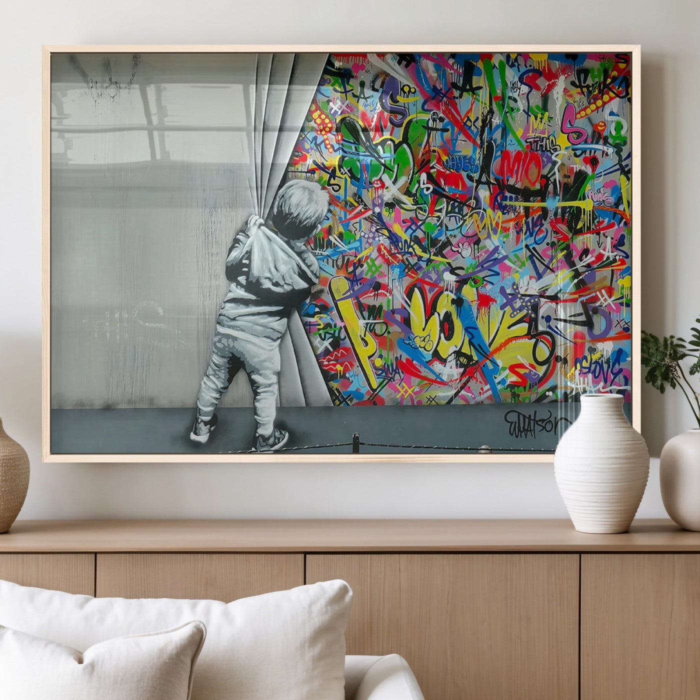 MGV-FP-36X24-3P - Banksy Colorful Street Graffiti Canvas Wall Art Print, Modern Art Triptych, Child and Graffiti Wall,