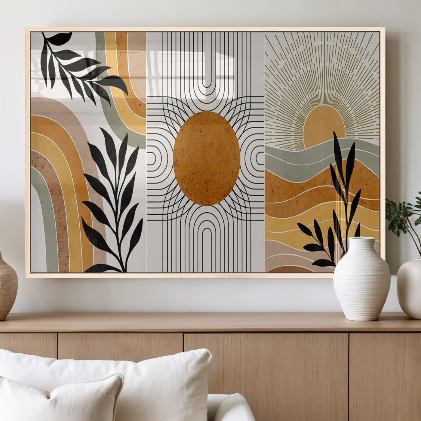 MGV-FP-36X24-3P - Modern Boho Sun and Leaf Abstract Art – 3-Panel Giclée Canvas for Mid-Century Modern or Bohemian
