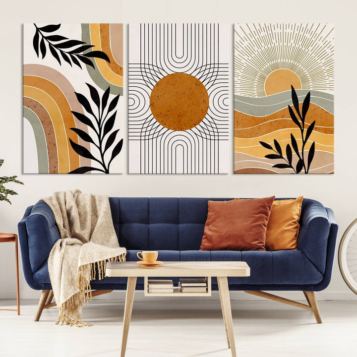 Modern Boho Sun and Leaf Abstract Art – 3-Panel Giclée Canvas for Mid-Century Modern or Bohemian Wall Decor