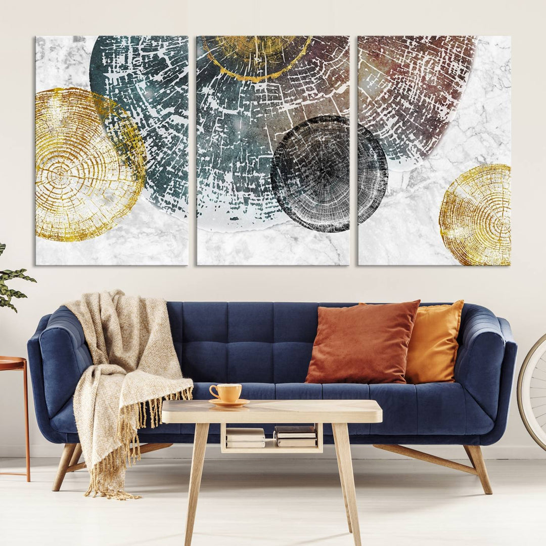 Contemporary living room showcasing the "Wood Lines" 3 Panel Abstract Wall Art Canvas Print displaying museum-quality tree ring art on the wall.