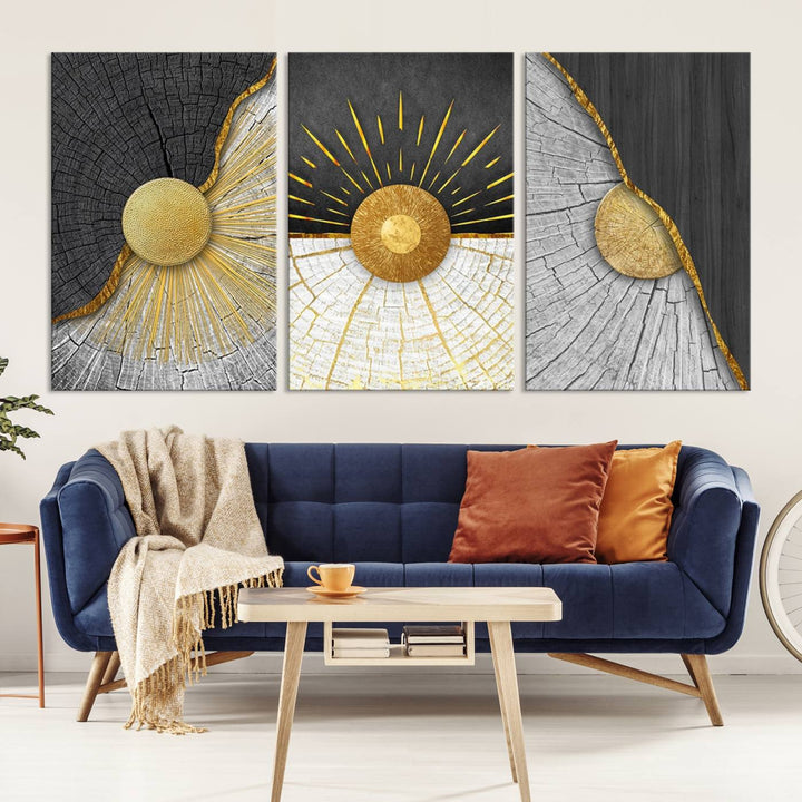 A contemporary living room is enhanced by the Minimal Style 3 Panel Abstract Wall Art Canvas Print in gold and gray. Each panel arrives ready to hang, providing an easy fusion of elegance and modernity.