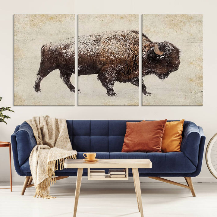 The "Buffalo Wall Art" canvas print, featuring a Western bison, hangs prominently, infusing the space with rustic cowboy and Western decor.