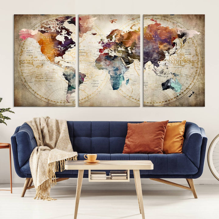 A World Map Wall Art Canvas Print featuring vibrant colors is crafted on museum-quality canvas, adding a touch of elegance to the room.