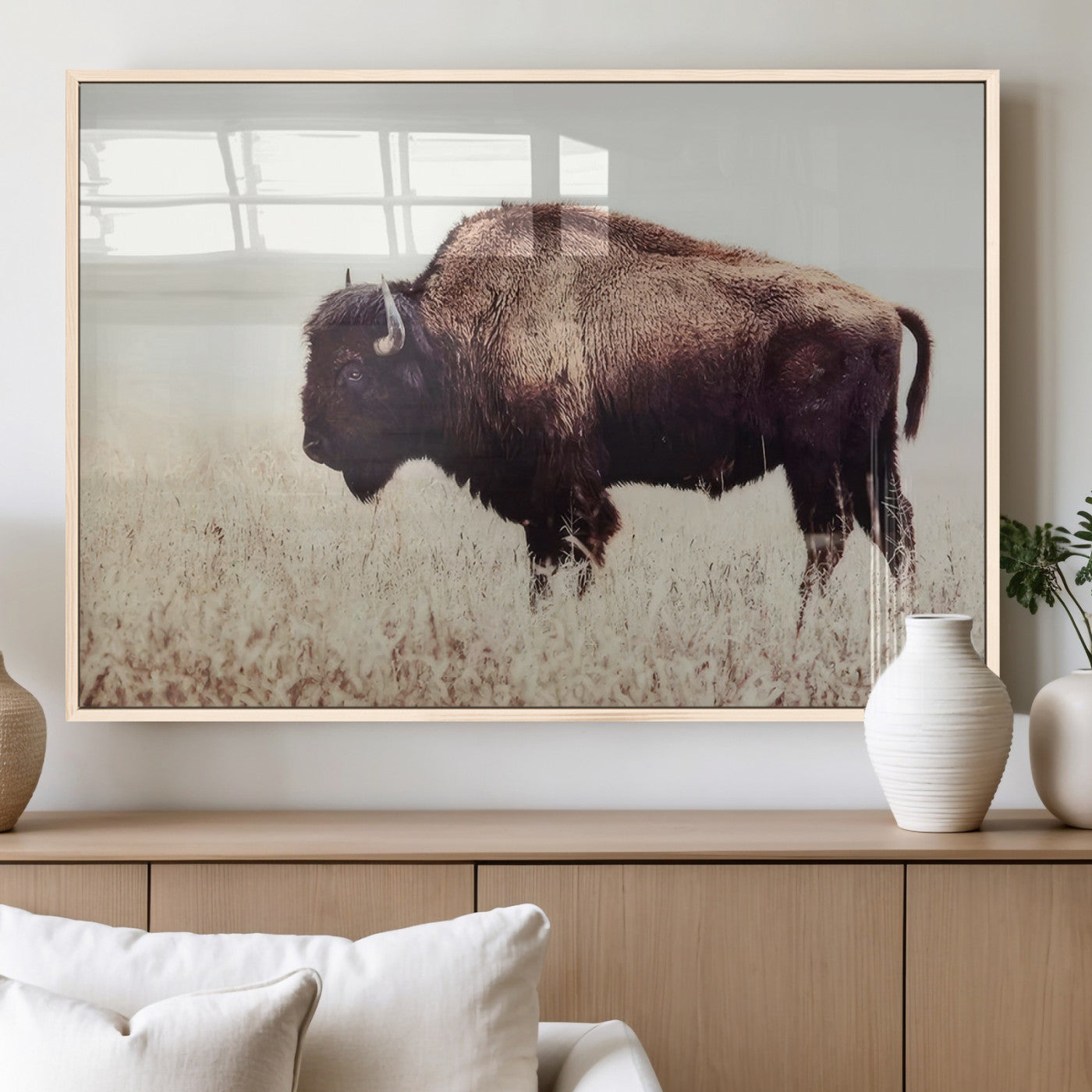 MGV-FP-36X24-3P - Bison in Field Wall Art Canvas Print For Farmhouse Barn Decor