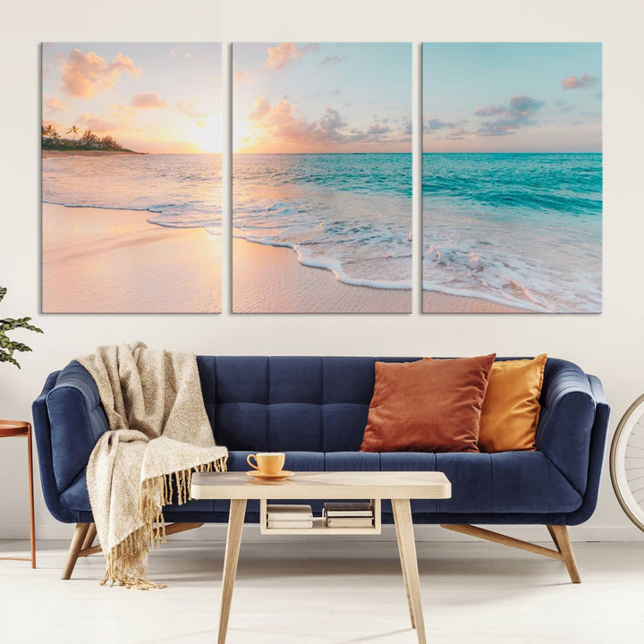 Beach Sunrise Wall Art, Coastal Seascape Canvas Print, Ocean Wave Multi-Panel Giclee, Coastal Sunset Beach Scene for Modern Decor