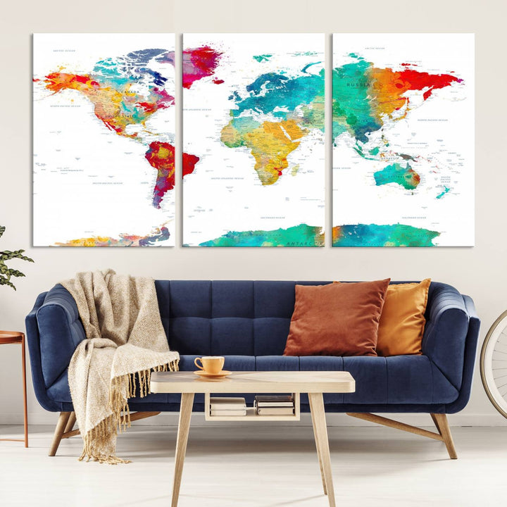 A stunning Colorful World Map Triptych Canvas Print, featuring a ready-to-hang framed design, adds vibrancy and modern flair to the space, effortlessly elevating the entire home décor.