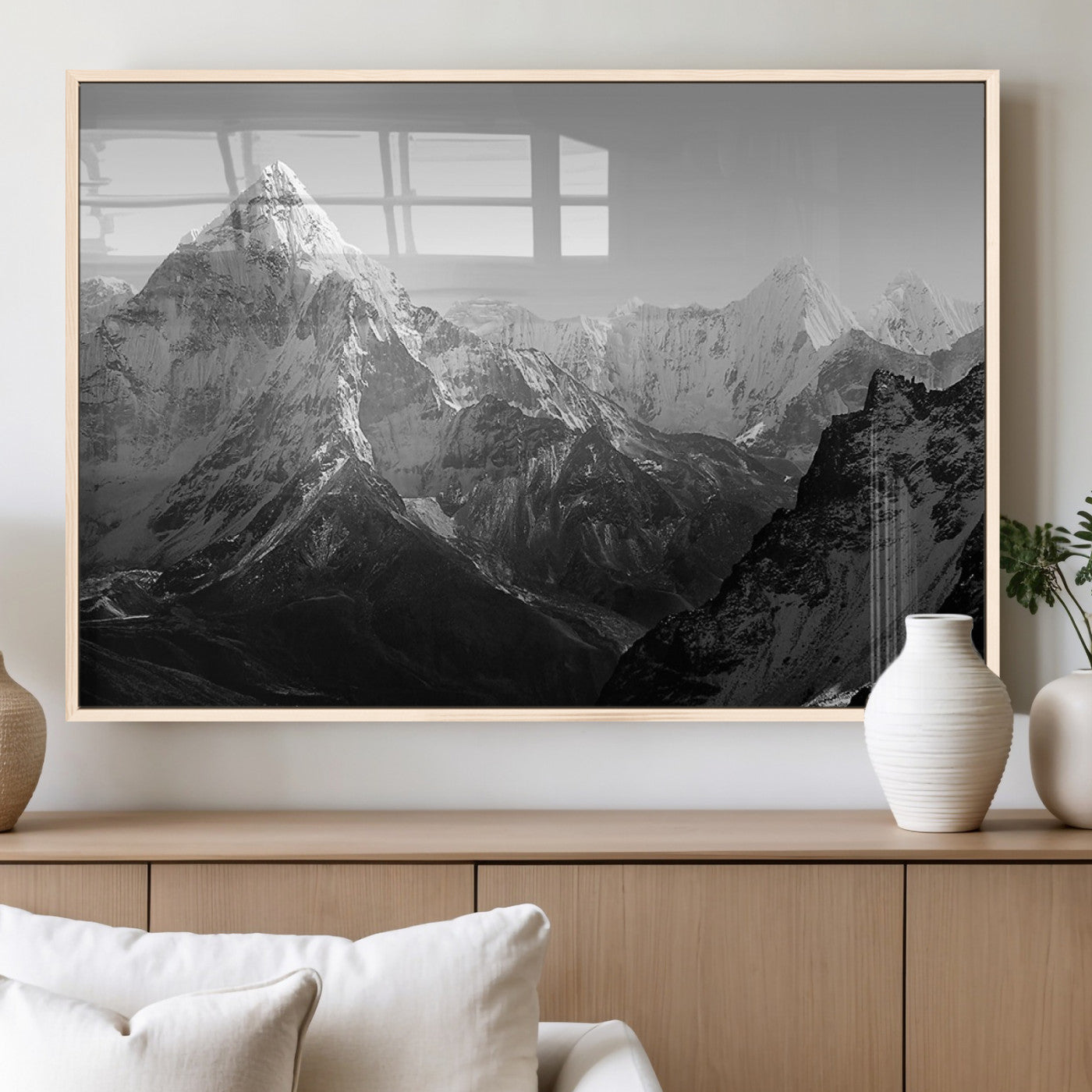 MGV-FP-36X24-3P - Everest Himalaya Mountain Peaks Black & White Triptych Canvas Art – Mountain Wall Decor, Everest