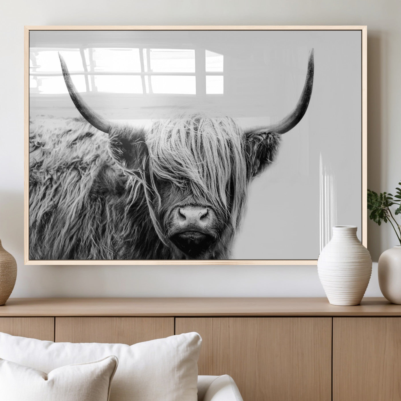 MGV-FP-36X24-3P - Black White Scottish Highland Cow Cattle Art Print Farmhouse Wall Art Canvas Print