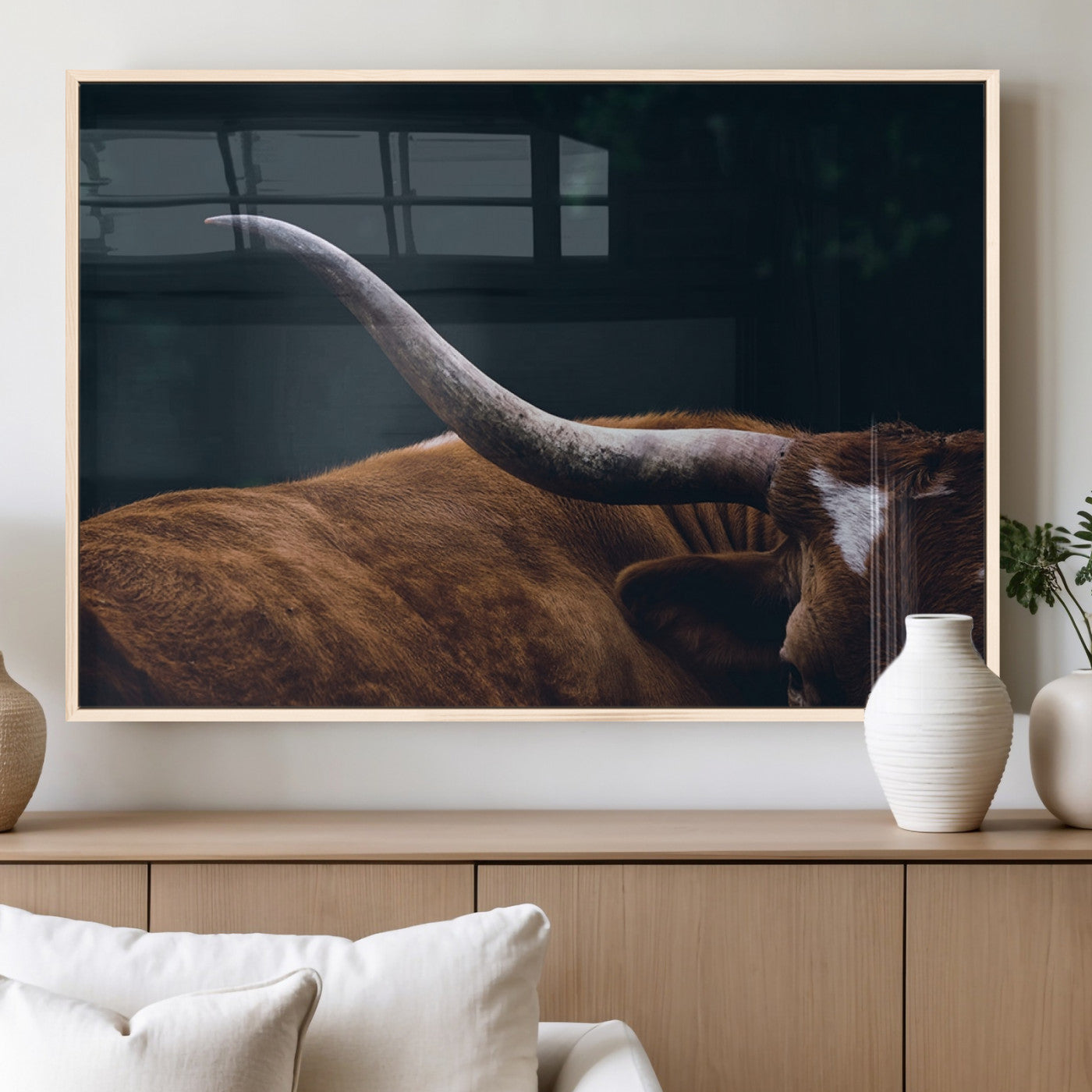 MGV-FP-36X24-3P - Texas Longhorn Bull Wall Art Canvas Print - Large Framed Canvas Wall Art, Farmhouse Cabin Wall