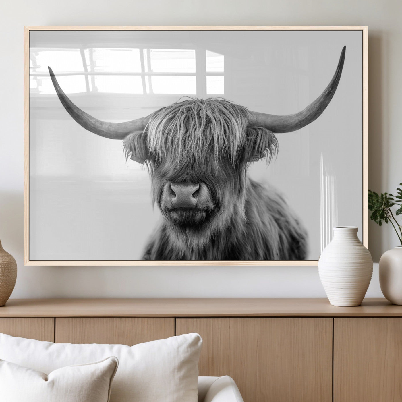 MGV-FP-36X24-3P - Grayscale Scottish Highland Cow Cattle Art Print Farmhouse Wall Art Canvas Print