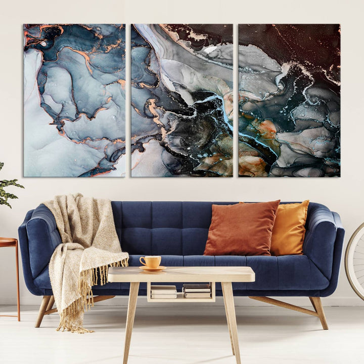 The Mix Color Large Abstract Marble Wall Art Canvas Print is printed on museum-quality canvas. It features a UV-protective coating and is ready to hang, adding elegance to the room.