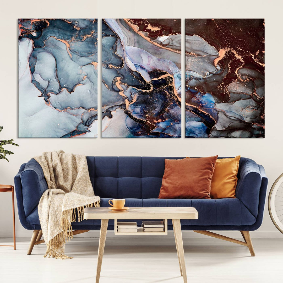 Brown Blue Abstract Marble Wall Art Canvas Print