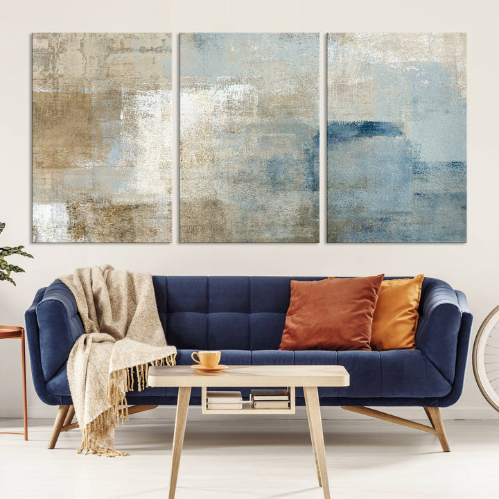 Abstract Blue and Beige Wall Art, Modern Minimalist Canvas Print Set, Giclee Textured Art, Large Multi-Panel Artwork for Living Room