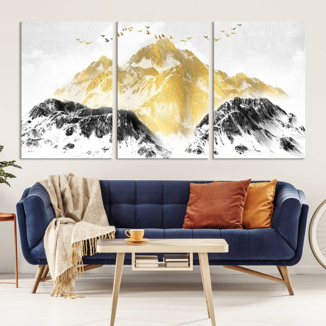 Golden Mountain Triptych Wall Art, Modern Giclee Canvas Print, Nature Landscape Decor for Living Room, Contemporary Gold and Black Wall Art