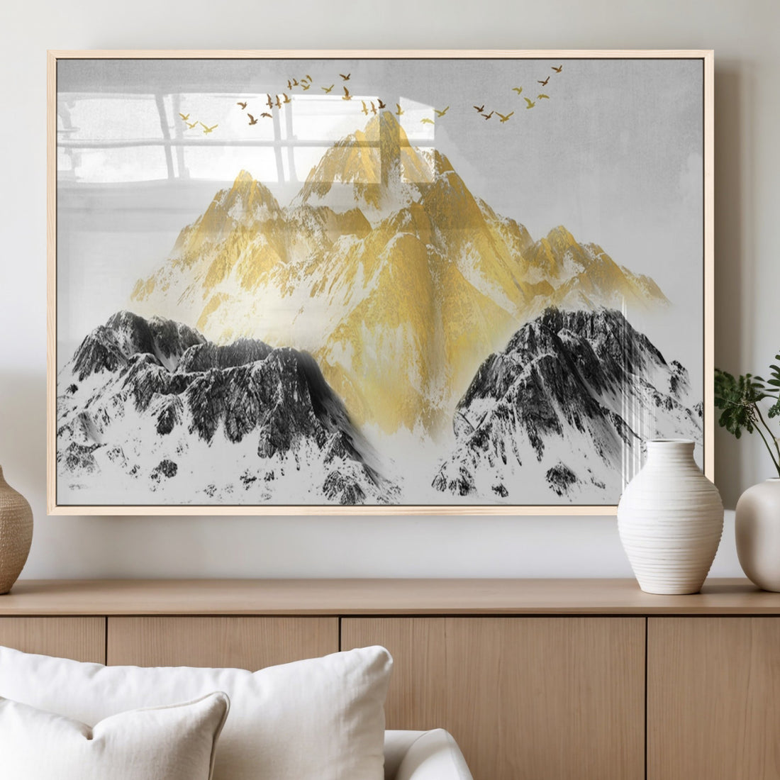 Golden Mountain Triptych Wall Art Canvas Print, Modern Gold and Black Landscape Decor