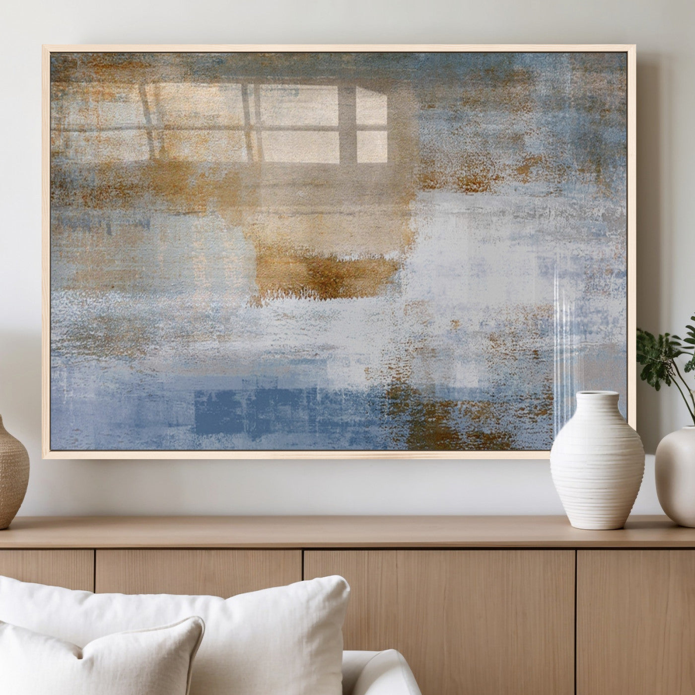 MGV-FP-36X24-3P - Blue Multi Panel Abstract Wall Art Canvas, Abstract Blue and Gold Canvas Print