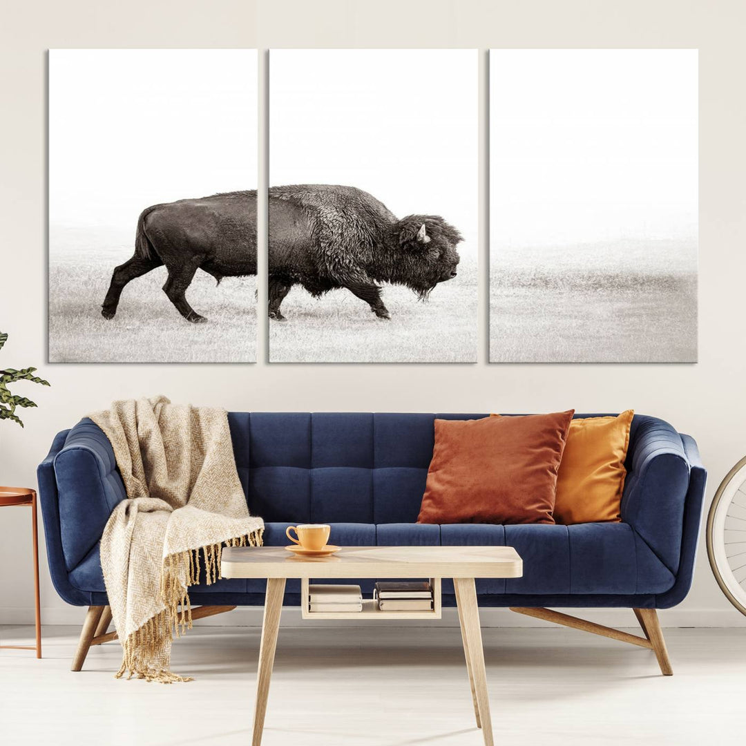 American Bison in Grasslands Triptych Canvas Wall Art – Western-Inspired Nature Decor for Home or Office