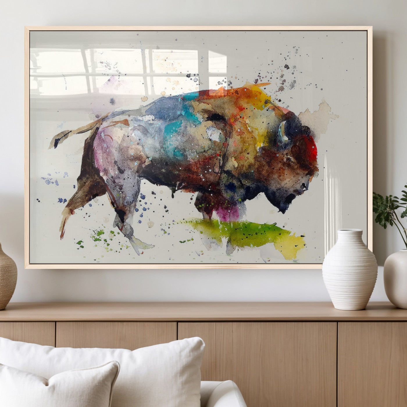 MGV-FP-36X24-3P - Abstract Buffalo Wall Art, Western Watercolor Bison Canvas Print, Rustic Buffalo Art for Cowboy and