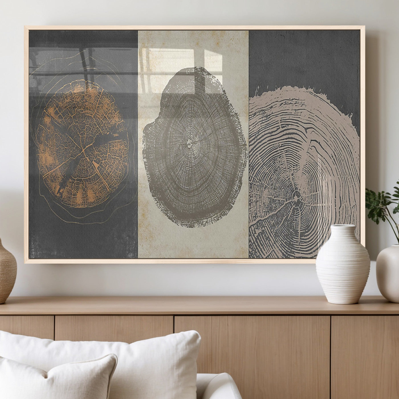 MGV-FP-36X24-3P - Boho Tree Ring Wall Art, Modern Minimalist Wood Grain Canvas, Tree Slice for Rustic Decor, Farmhouse