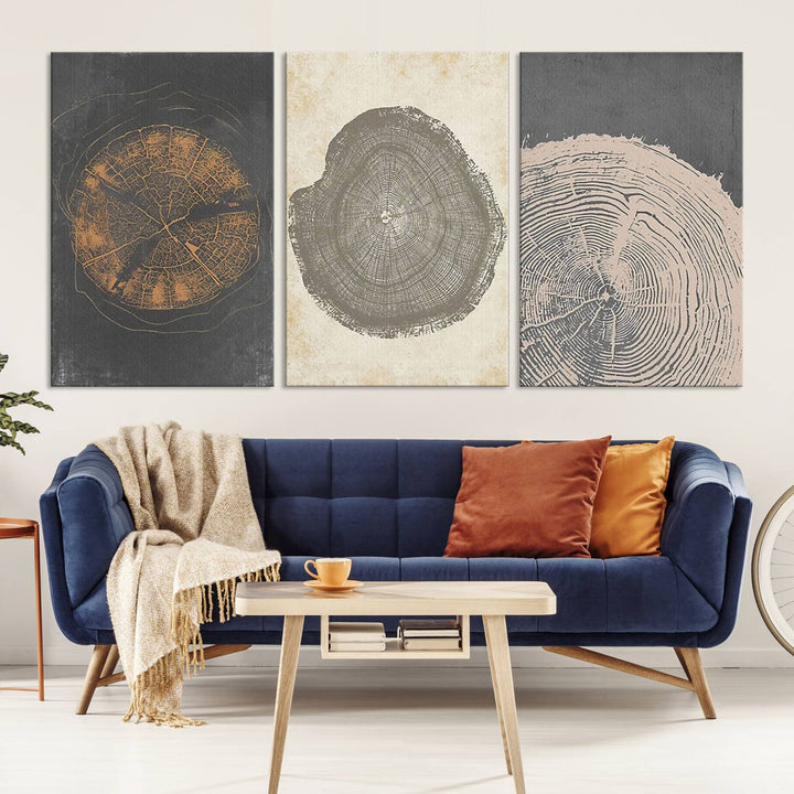 Boho Tree Ring Wall Art, Modern Minimalist Wood Grain Canvas, Tree Slice for Rustic Decor, Farmhouse Decor Giclee Canvas Print, Tree Ring Canvas Set 